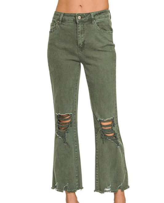 Zenana Acid Washed High Waist Distressed At The Knee