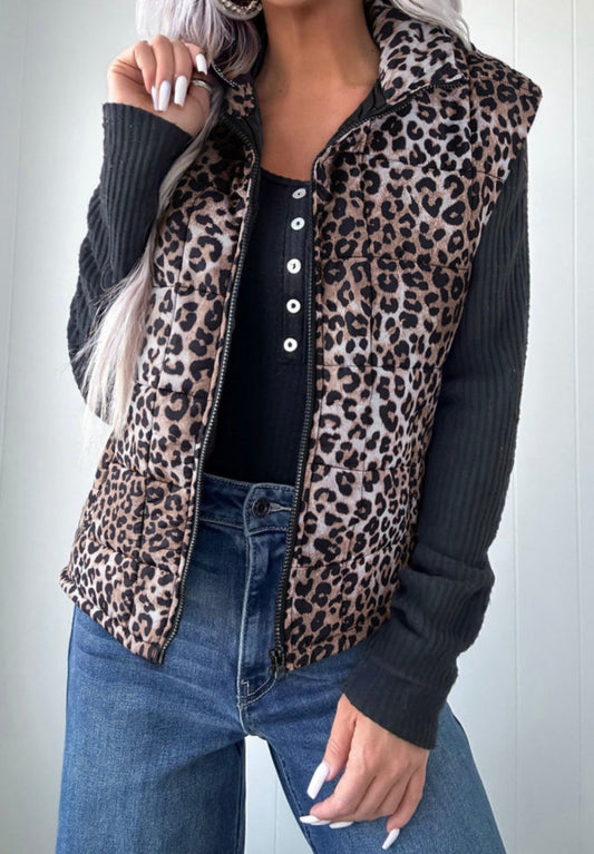 Brown Leopard Quilted Full Zipper Casual Puff Vest
