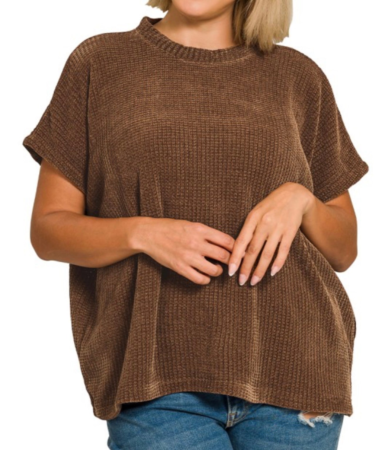 Curvy~Chenille Waffle Cap Sleeve Sweater Top