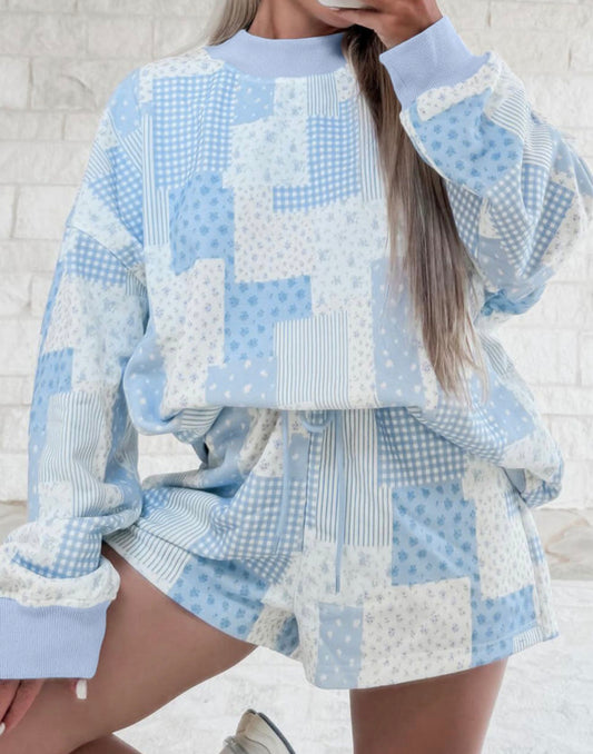 Sky Blue Patchwork Short Set