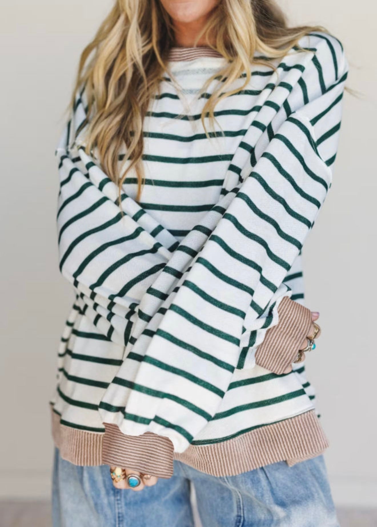 White Stripe Ribbed Patchwork Round Neck Top
