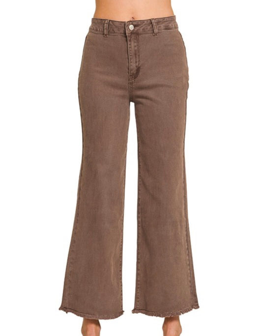 Zenana Acid Washed Frayed Cutoff Hem Straight Wide Pants