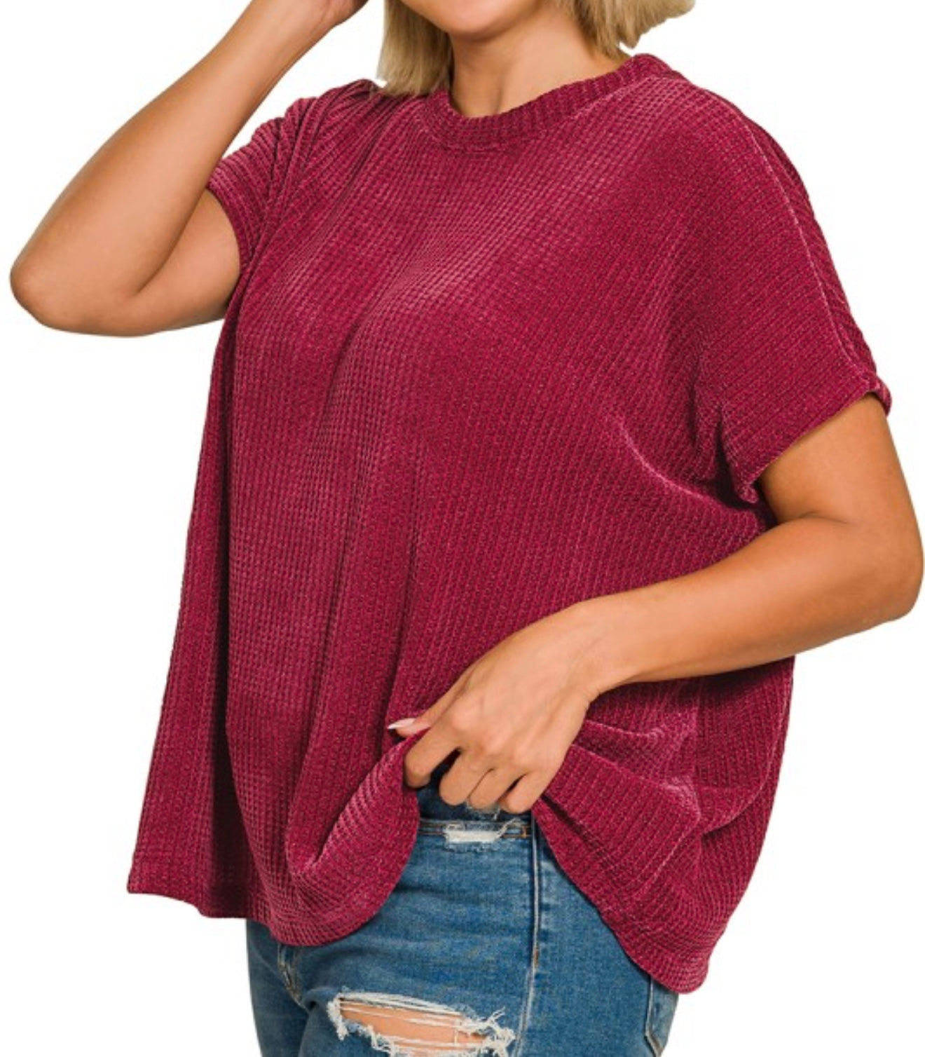 Curvy~Chenille Waffle Cap Sleeve Sweater Top
