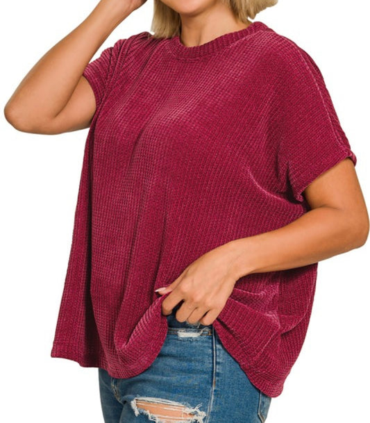Curvy~Chenille Waffle Cap Sleeve Sweater Top