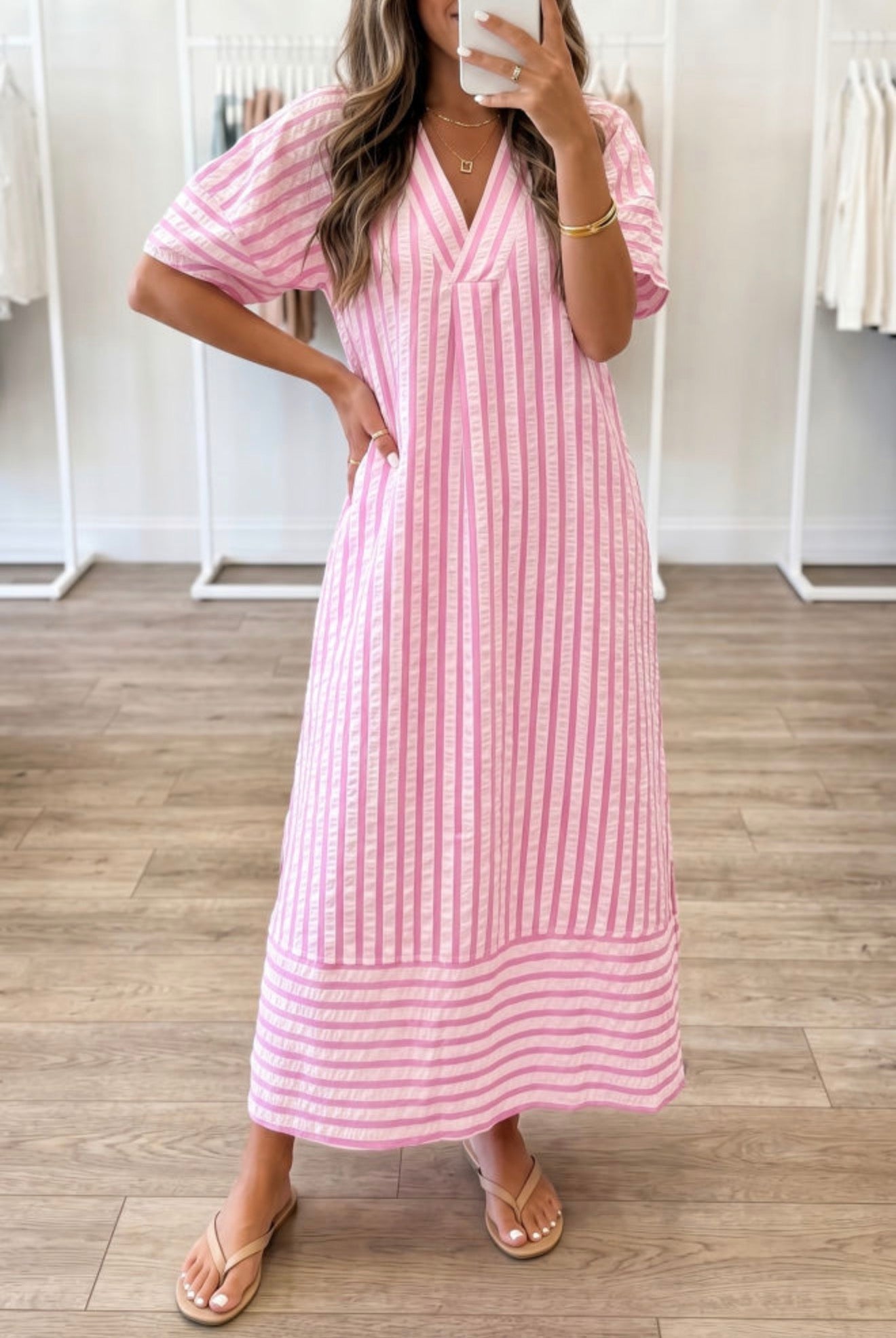 Pink Stripe V Neck Dress