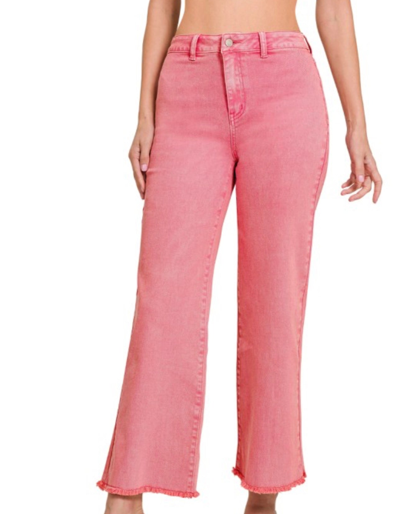Zenana Acid Washed Frayed Cutoff Hem Straight Wide Pants
