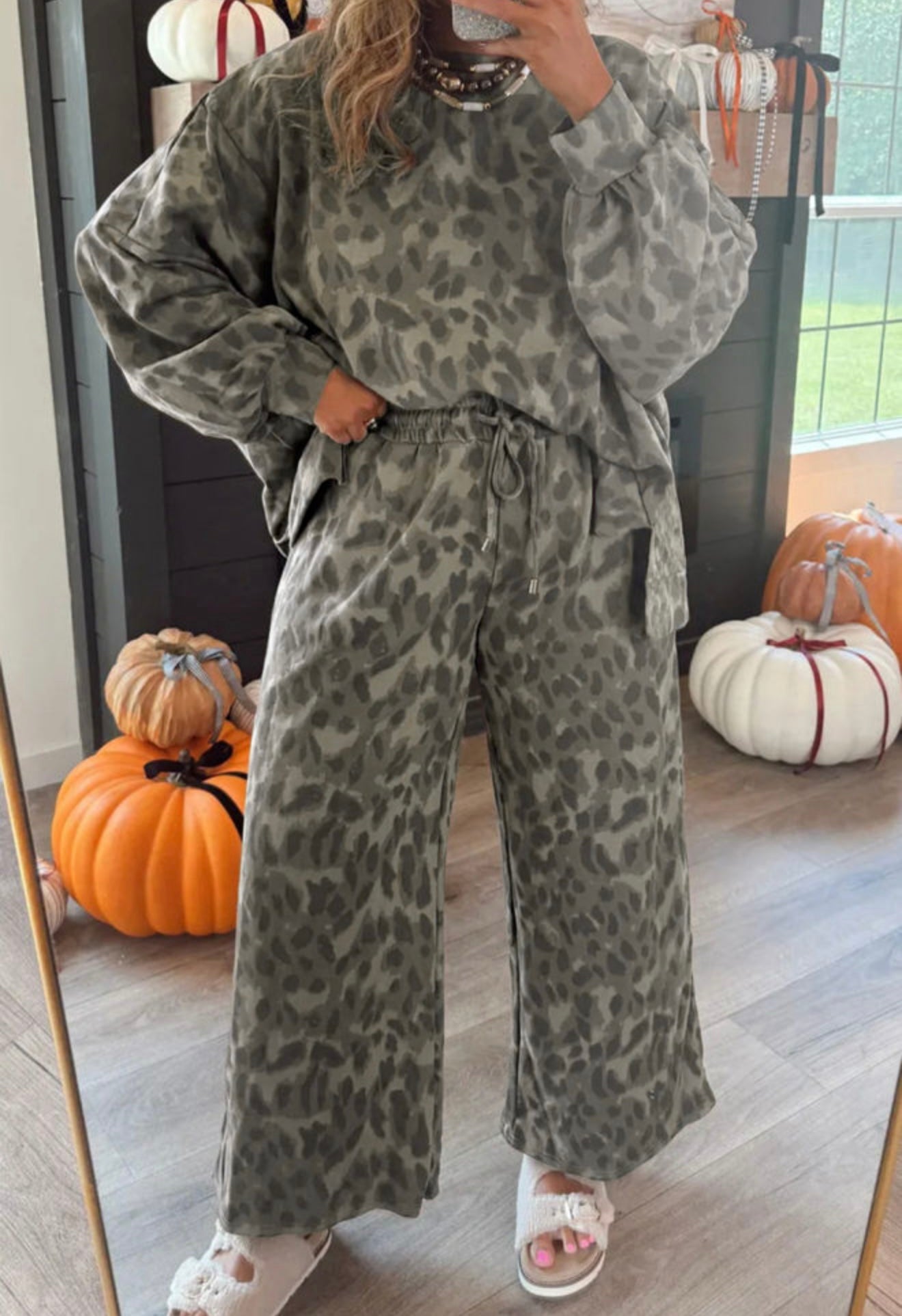 Grey Leopard Print Raw Hem Seam Patchwork Pullover Set