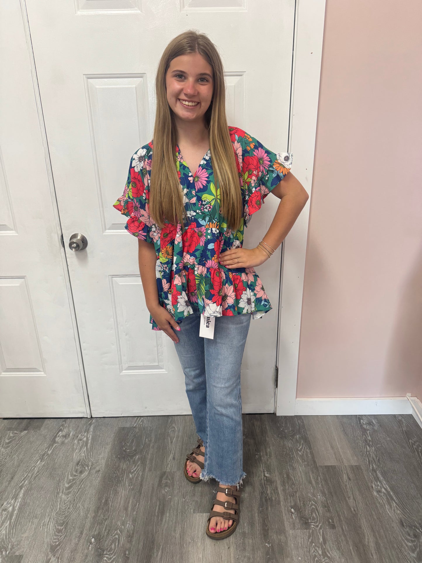 Green Floral Top V-Neck