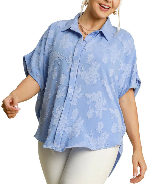 Curvy Blue Button Up Collar Top