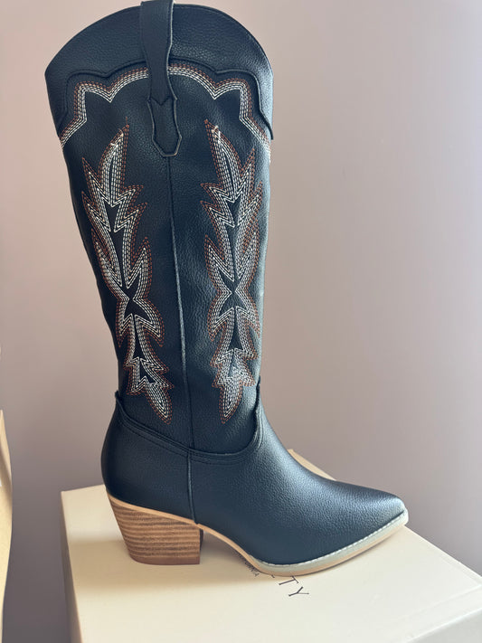 Black Embroidered Knee Boots
