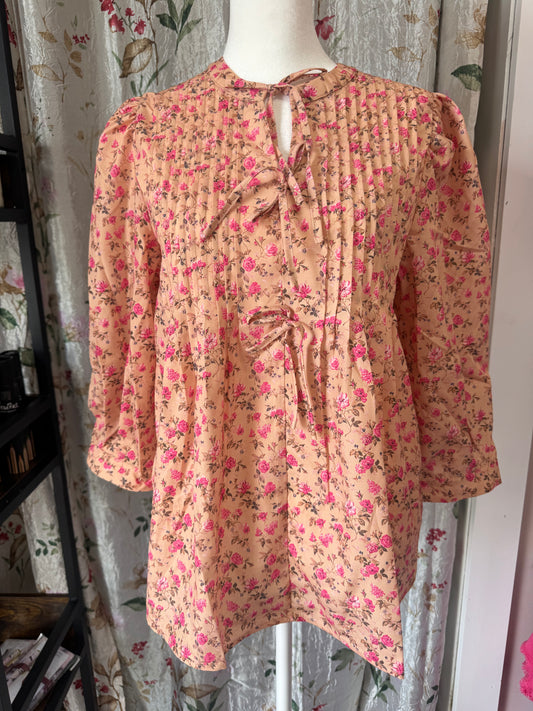 French Floral Bow Tie Blouse