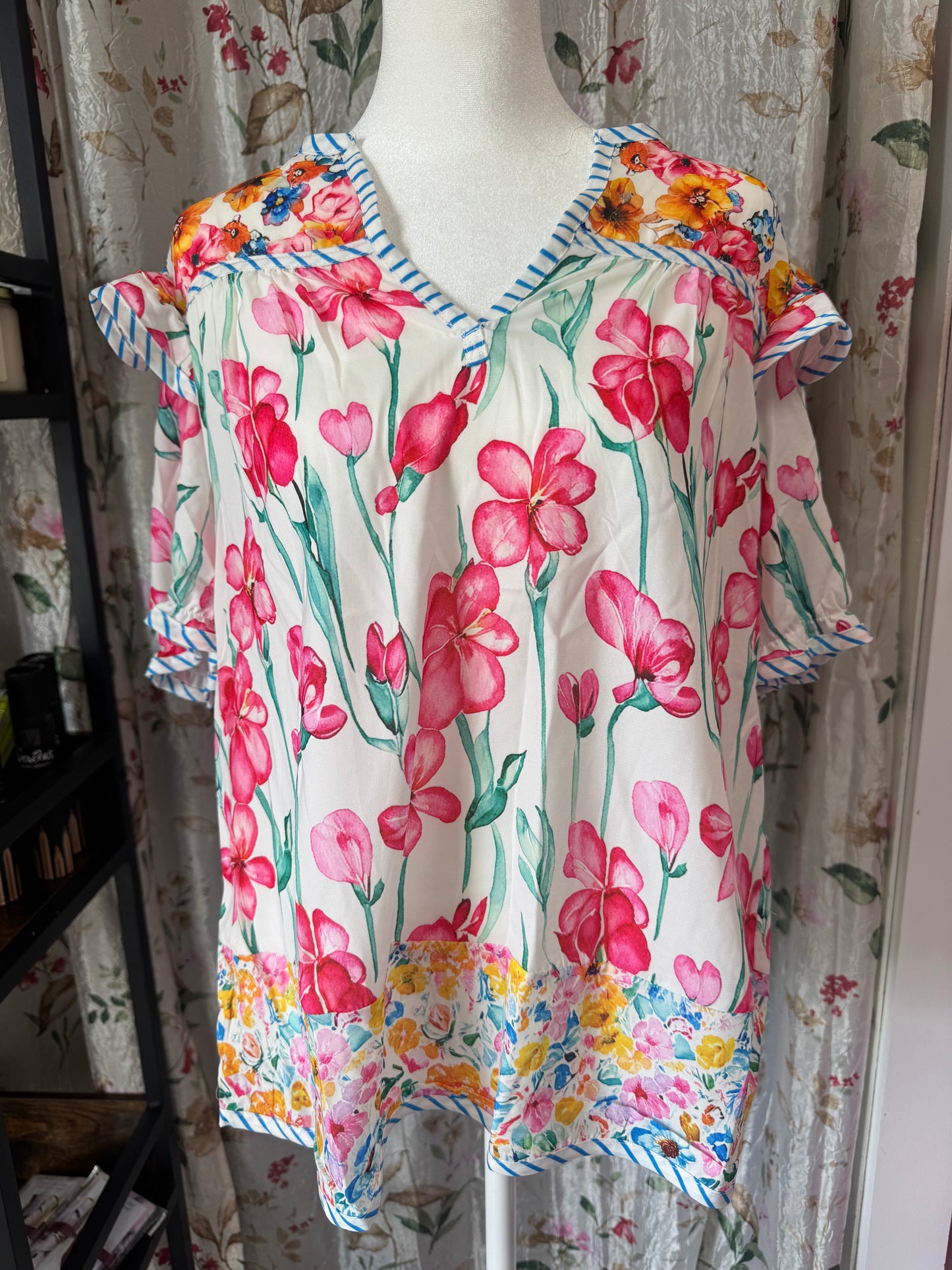 Pink Floral Stripe Detail Blouse