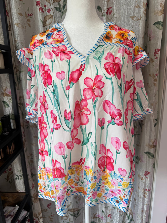 Pink Floral Stripe Detail Blouse