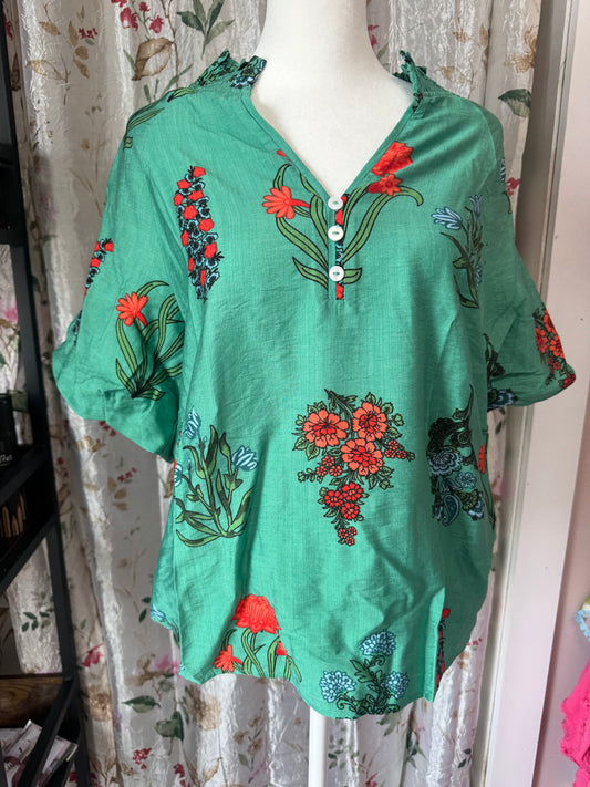 Bright Green Floral Blouse