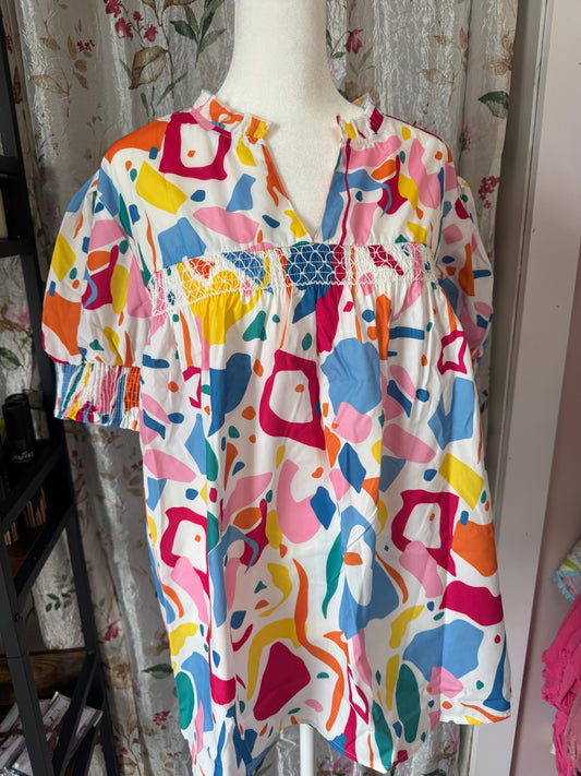 Curvy Abstract Puff Sleeve Blouse