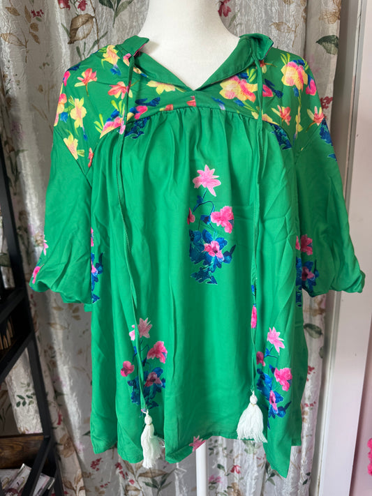 Green Floral Tie Blouse