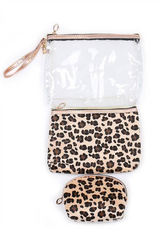 3 Piece Leopard Cosmetic Pouch Set