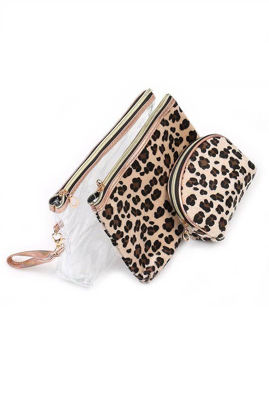 3 Piece Leopard Cosmetic Pouch Set
