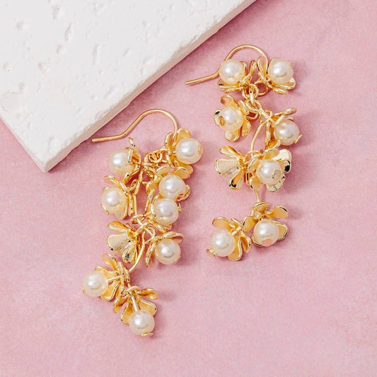 Pearl Flower Cluster Chain Dangle Earrings